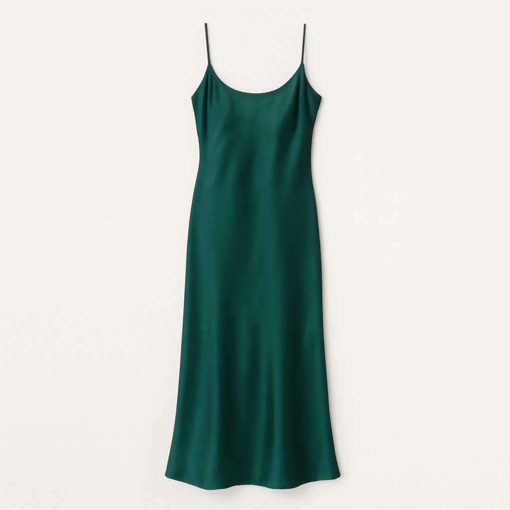 SatinWorks Green Satin Dress on a neutral background