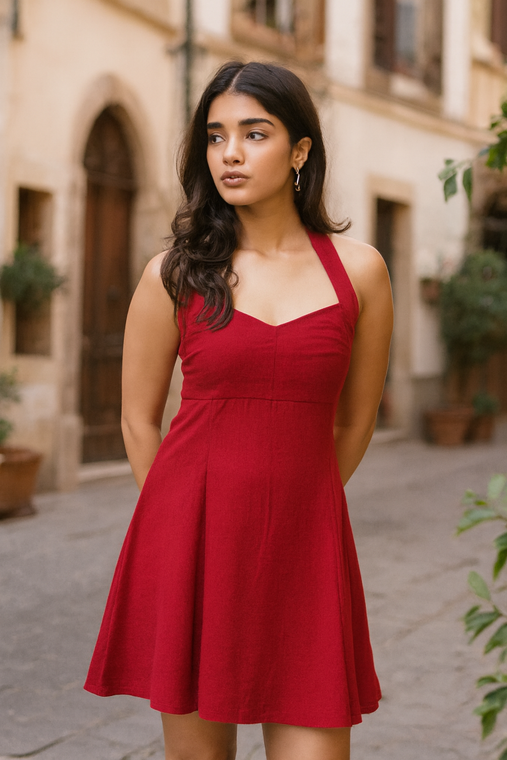 CottonWorks Red Cotton Dress shown in a typical use setting