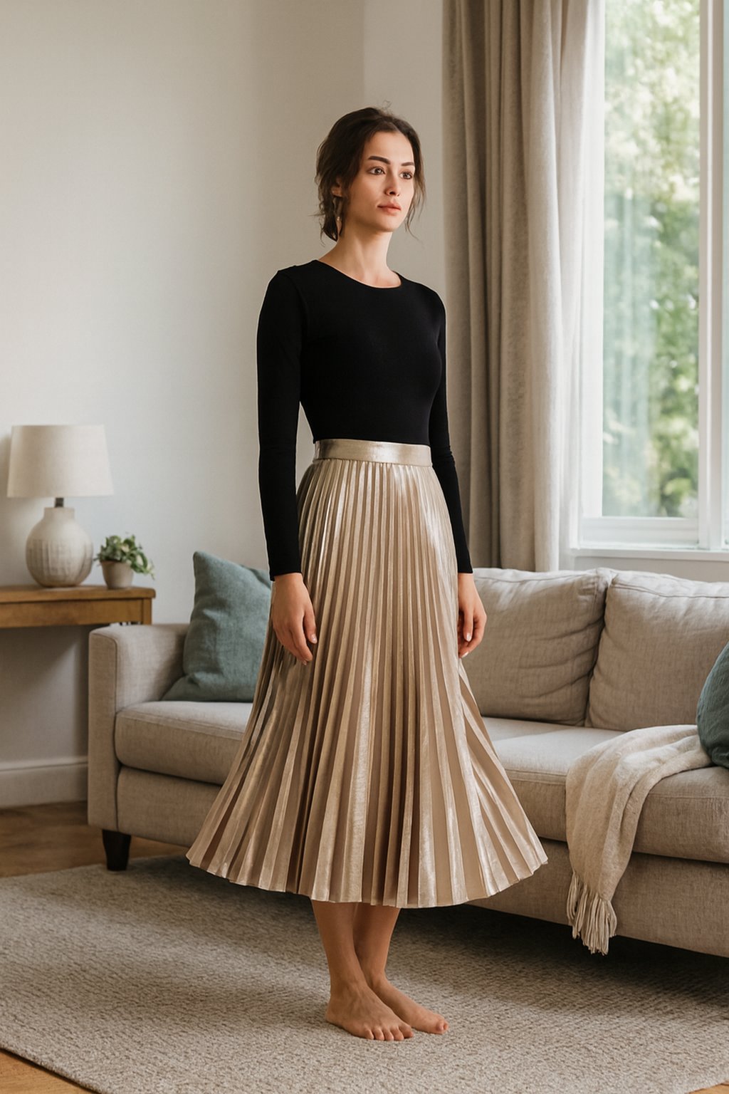 PolyesterWorks Gold Polyester Skirt shown in a typical use setting