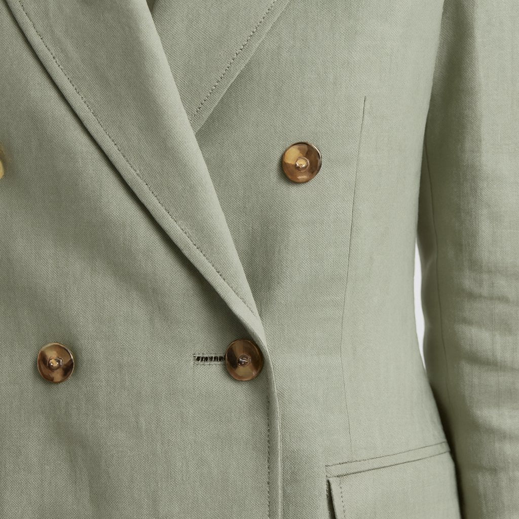 Close-up detail of LinenForm Light Green Linen Blazer