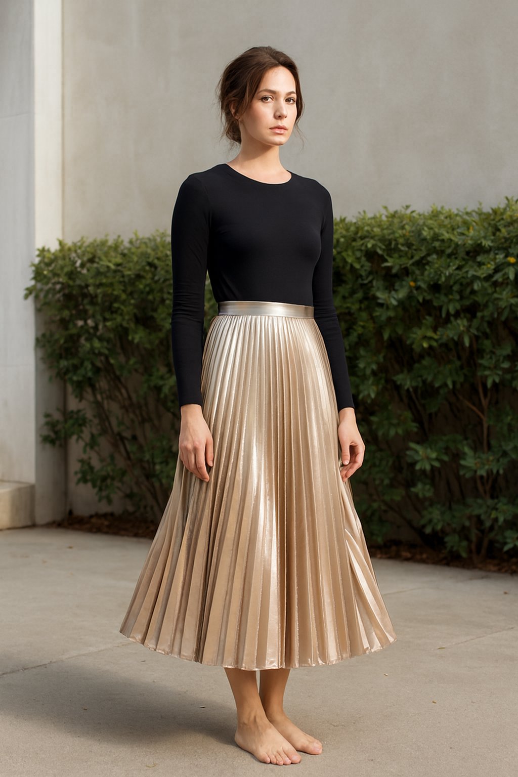 Person using PolyesterWorks Gold Polyester Skirt