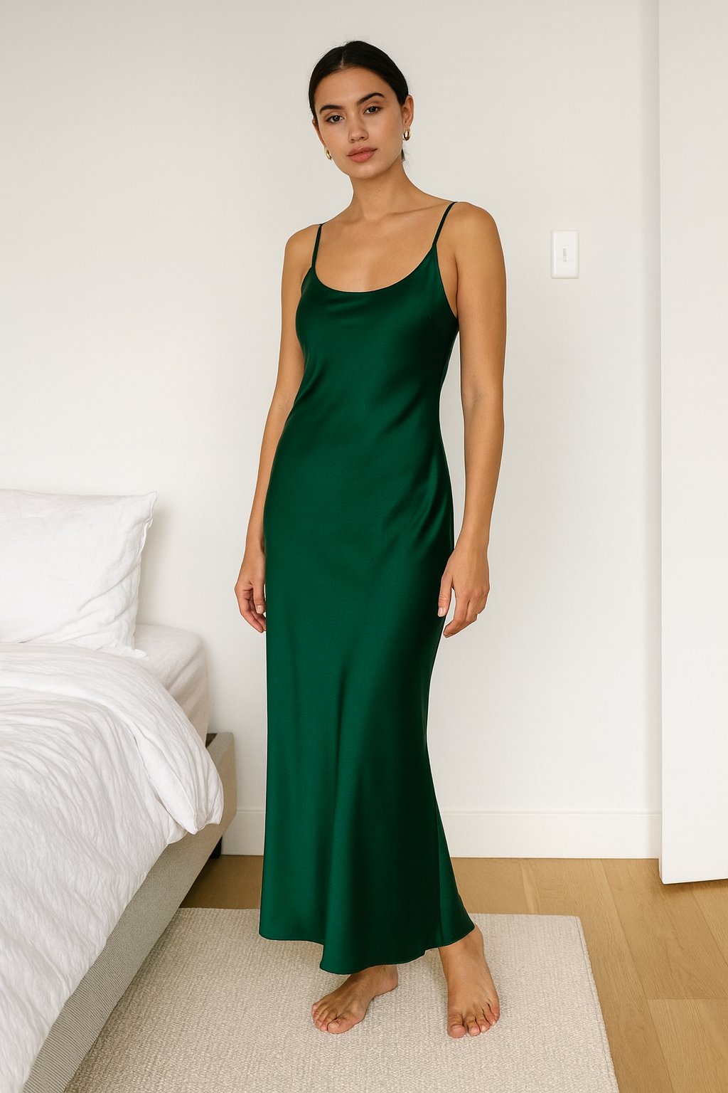 Person using SatinWorks Green Satin Dress