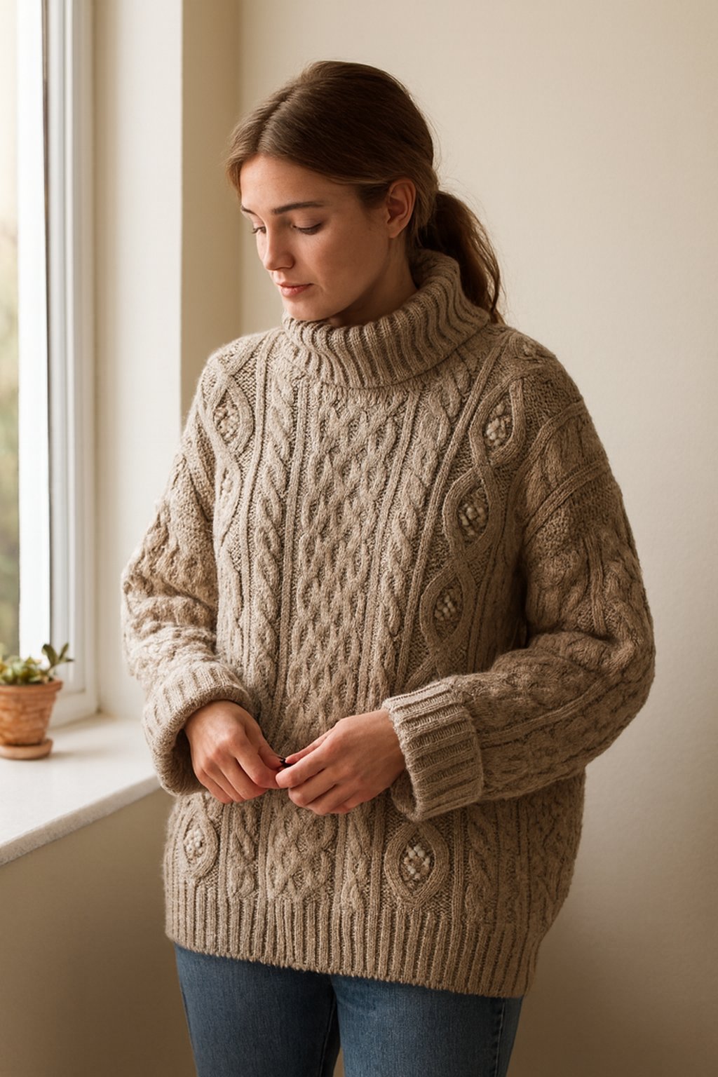 Person using WoolCraft Beige Wool Sweater